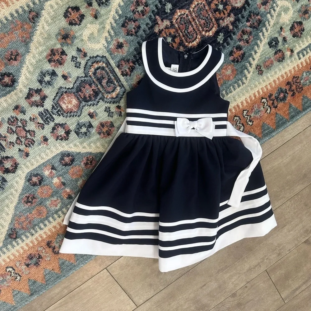 New Bonnie Jean Navy and White Formal Dress with Bow 3T Toddler Girl VTG Style